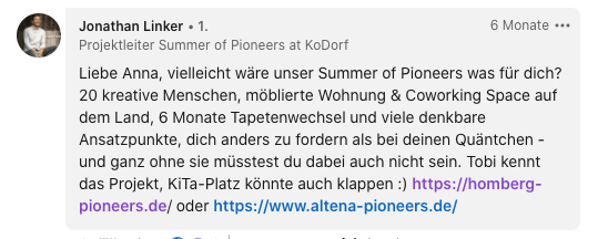 Screenshot von Jonathans Hinweis auf den SUmmer of Pioneers auf LinkedIn
