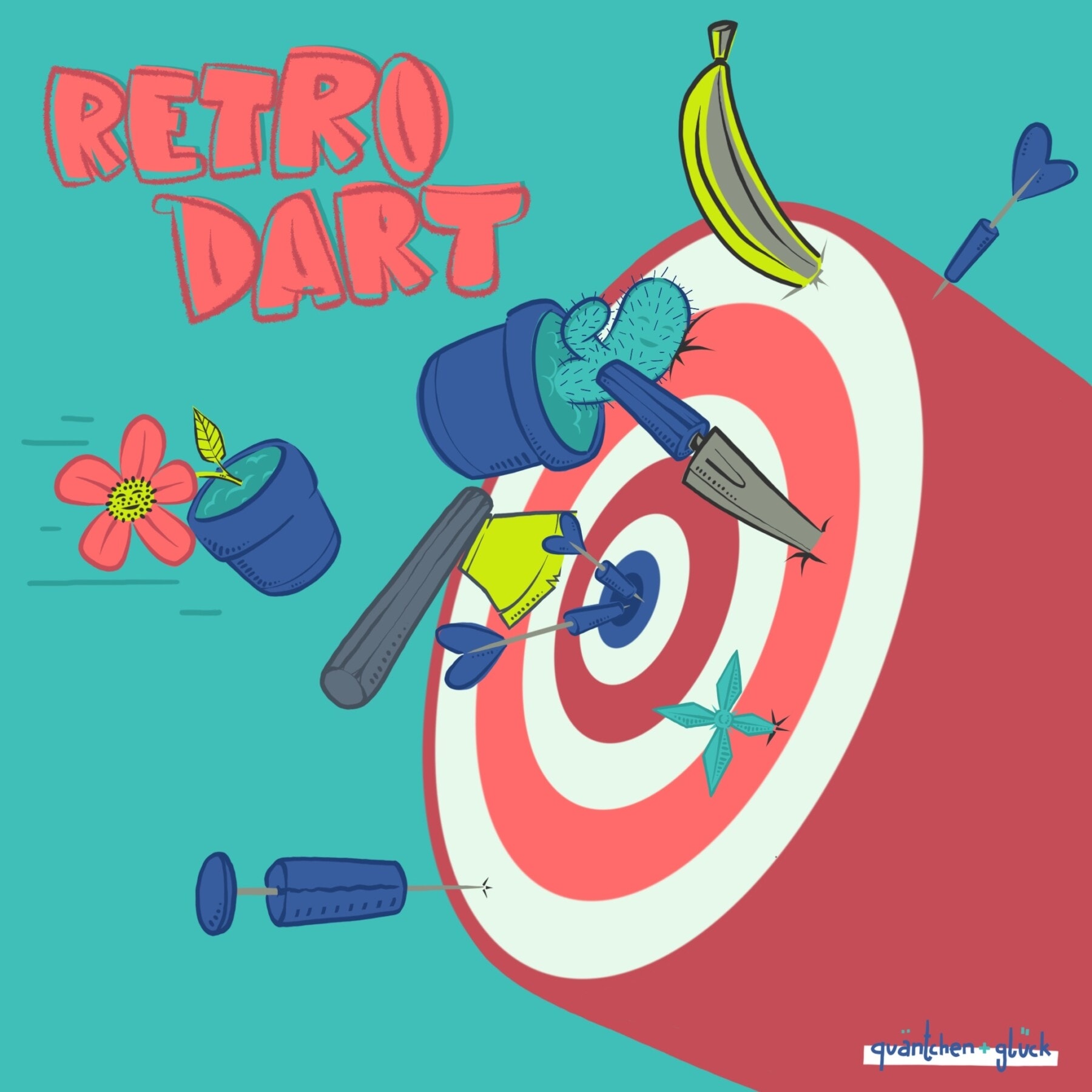 Illustration einer Dartscheibe, auf die unterschiedliche Gegenstände fliegen (eine Banane, Axt, Blumentopf, Pfeil etc).
