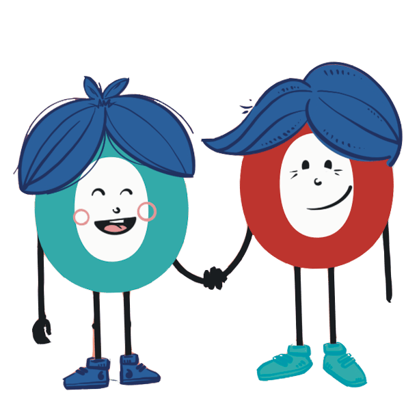 Illustration von zwei Figuren des Buchstaben „O“, die sich an den Händen halten.