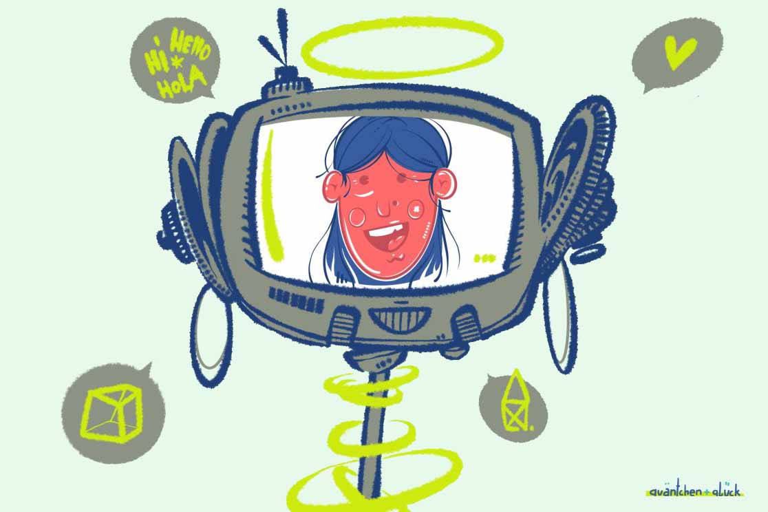 Illustration eines lächelnden Gesichts auf einem alten Fernseher mit blauen Haaren und roten Wangen, umgeben von Sprechblasen mit Grüßen in verschiedenen Sprachen und geometrischen Symbolen