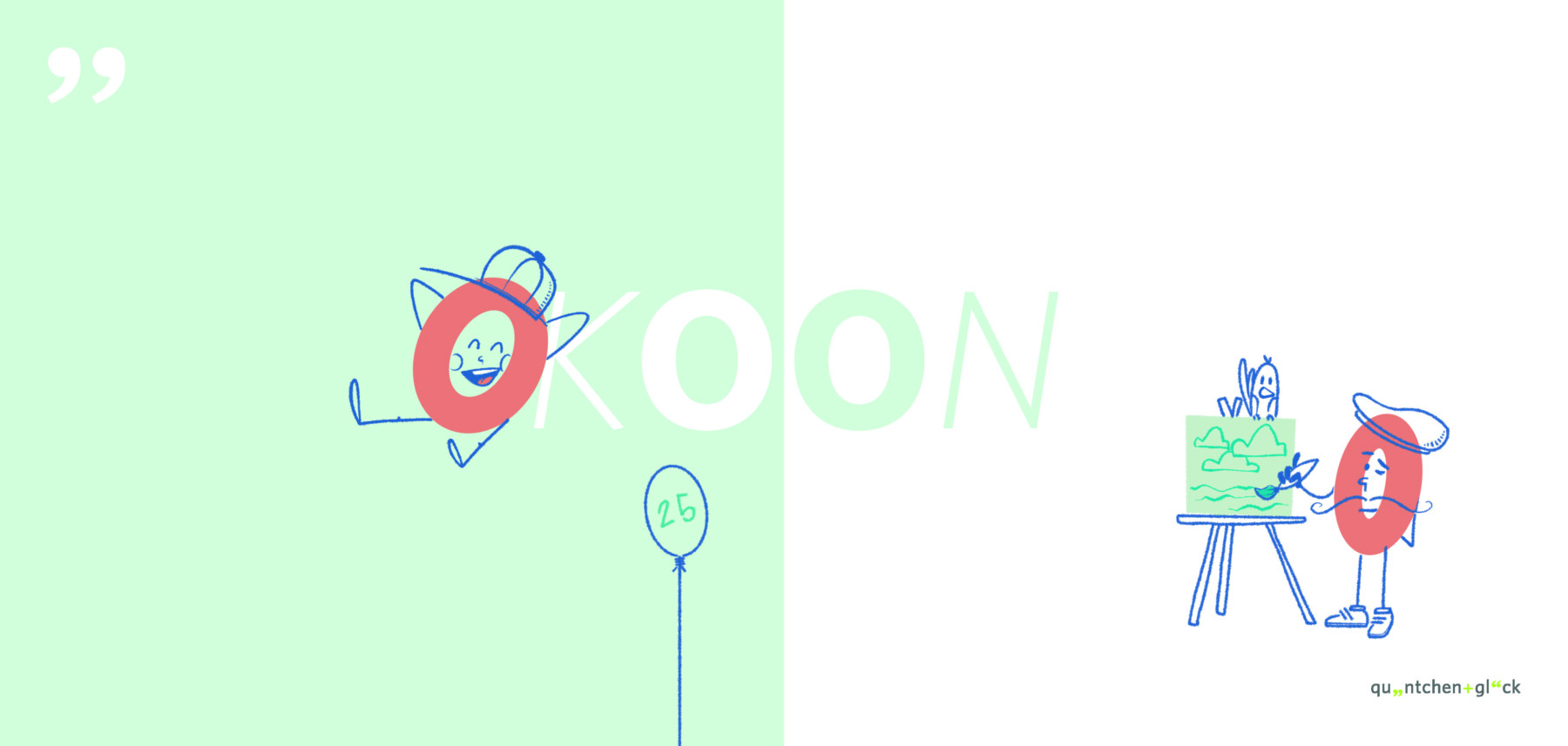 Auf dem Bild ist ein Schriftzug namens „KOON“ geschrieben. Links am Schriftzug lehnt die Illustration eines roten O-Männchen und rechts neben dem Schriftzug ist die Illustration einer Staffellei mit einem weiteren O-Männchen dargestellt.