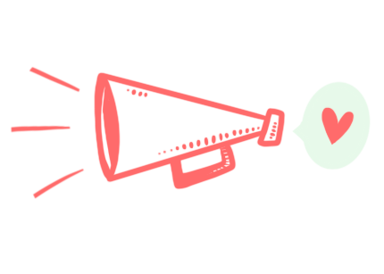 Hier ist eine Grafik von einem illustrierten Megafon in rot zu sehen. In das Megafon wird ein Herz in einer Sprechblase reingerufen.