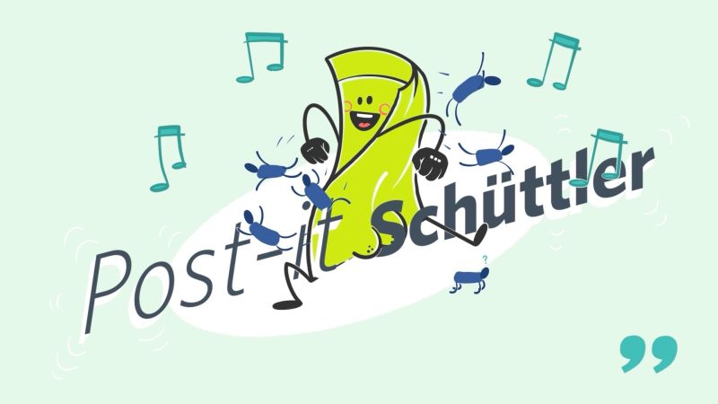 Illustration eines tanzen Post-its mit fliegenden Noten in der Luft und dem Schriftzug „Post-it-Schüttler“